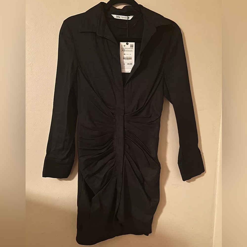 ZARA Black Draped Linen Dress
